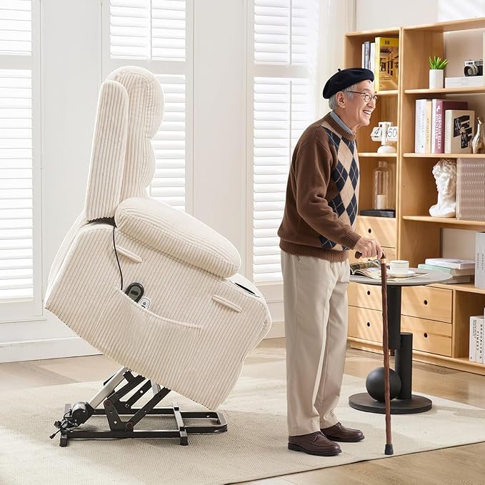 Power Lift Recliner Chair for Elderly with Massage & Heat, Small Spaces Useage Living Room or RV Single Sofa for Adults, 135° Reclining Accent Chairs, 2 Cup Holders and Side Pockets (Beige Corduroy)