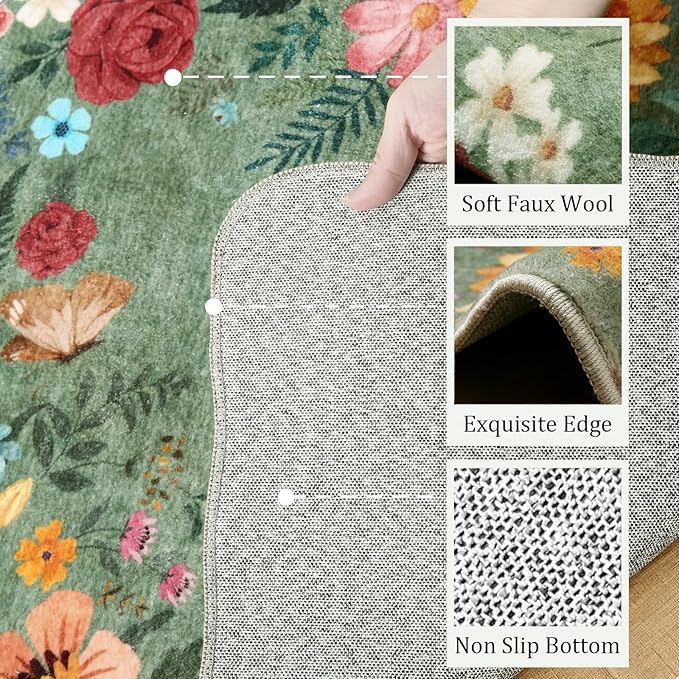 Floral Rug for Kitchen 2'6''x8' Washable Floral Runner Rugs Boho Vintage Low Pile Carpet for Entryway, Laundry Room High Traffic Areas, Indoor Rug for Bathroom (Green