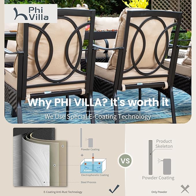 PHI VILLA Outdoor Dining Set of 4, Heavy Duty Outdoor Metal Wicker Dining Chair with Thick Cushions, Large All Weather Wrought Iron Deck Chair for Outisde, Porch Backyard, Support 300lbs