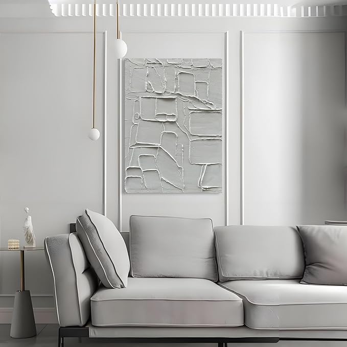 Art Hand-Painted Thick Texture White Minimalist Oil Painting Home Wall Decorative Art 40x28 inch