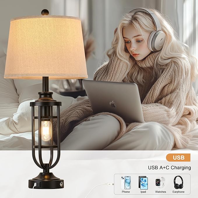 28" Table Lamps for Living Room Set of 2, Farmhouse Lamps for Night Stands with USB A+C, Bedside Lamps for Bedroom End Tables, Bulbs Included, Black