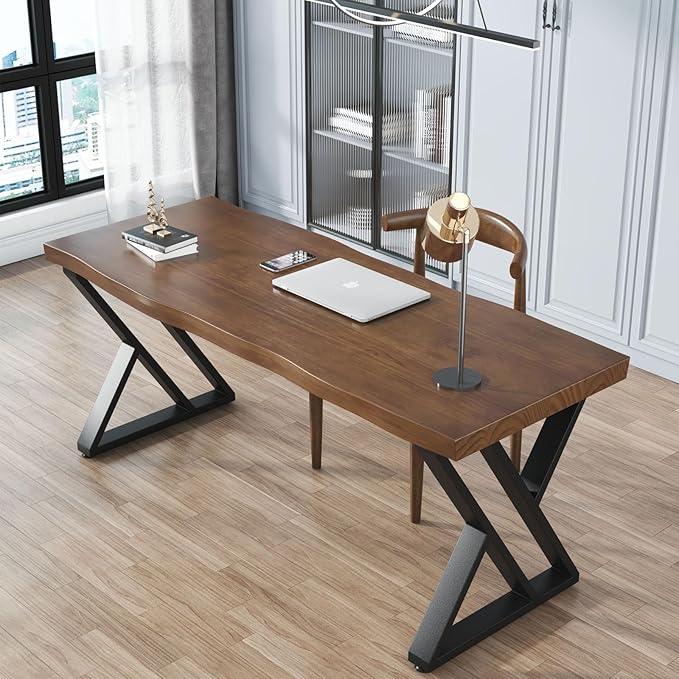 Solid Wood Desk 55 inches Wide Home Office Desk,Metal Modern Industrial Writing Table, Workstation, Perfect Table for Your workspace Study Table Furniture in Rustic Natural Aged Brown