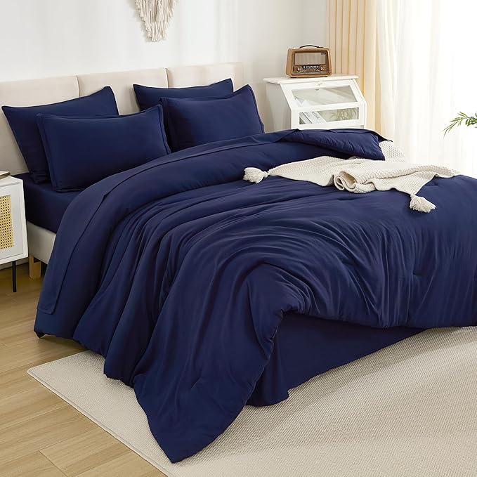 Litanika Queen Comforter Set Navy Blue - 7 Pieces Bed in a Bag Queen Bedding Comforter Sets, Solid Lightweight Bed Set with Comforter, Sheets, Pillowcases & Shams