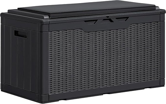 Greesum 100 Gallon Resin Deck Box Large Outdoor Storage Boxes with Cushions for Garden Tools, Patio Furniture Pillows, Pool Supplies, Black
