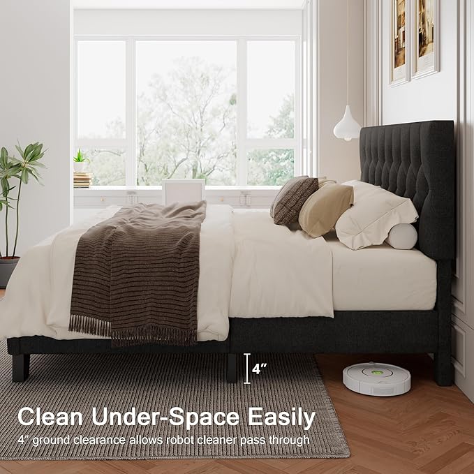 Full Upholstered Bed Frame with Headboard, Button Tufted Linen Bed Base, Platform Bed with Wood Slat, Heavy Duty, Easy Assembly, No Box Spring Needed, Dark Gray