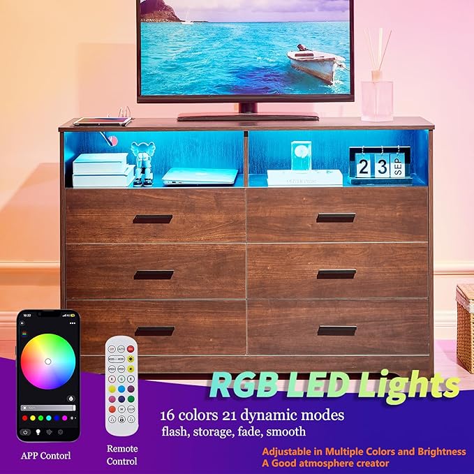 LIDYUK Dark Cherry Dresser for Bedroom, 6 Drawer Dressers & Chests of Drawers, Modern Wood Dresser with Charging Station and LED Lights, 48 Inches Wide Chest of Drawers for Bedroom, Living Room