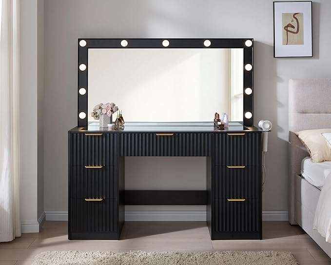 AMERLIFE 47.2" Fluted Vanity Desk with Large Mirror and Adjustable LED Lights, 7 Drawers Makeup Table with Glass Top and Charging Station for Women and Girls, Bedroom or Dorm, Black