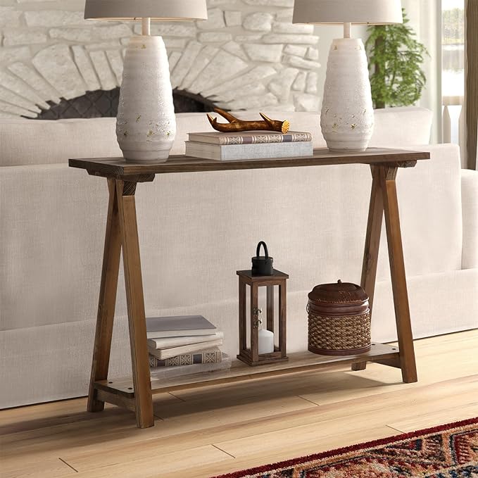 Solid Wood Console Tables - 43.3" Pinewood Farmhouse Rustic Hallway Table, Foyer Tables Living Room, Solid Firwood Sofa Table for Entryway, Brown