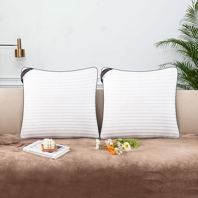 Pillows Insert 20'' x 20'' Set of 2, Decorative Throw Pillows with Luxury Silky Covers for Indoor Couch, Sofa or Bed Decors, White Striped Cushion Sham Stuffer