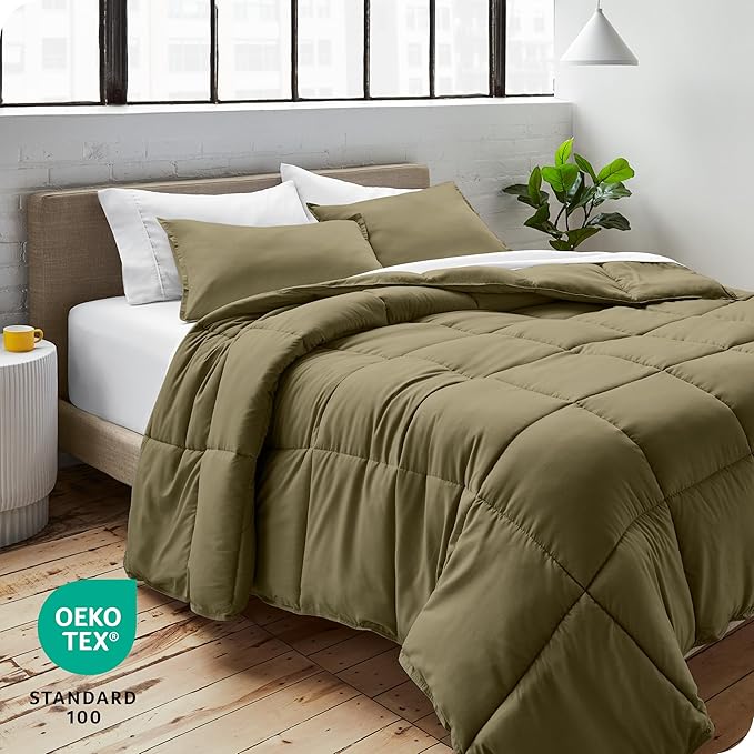 Bare Home Comforter Set - Full Size - Ultra-Soft - Goose Down Alternative - Premium 1800 Series - All Season Warmth (Full, Olive)