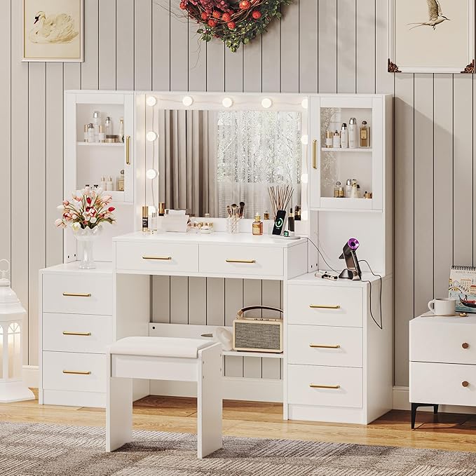58.2” Vanity Desk with Mirror and Lights & Charging Station, Bedroom Dressing Table, Large Vanity Set with Cushioned Stool, 8 Drawers and 2 Cabinets, Makeup Vanity Table with Charging Station