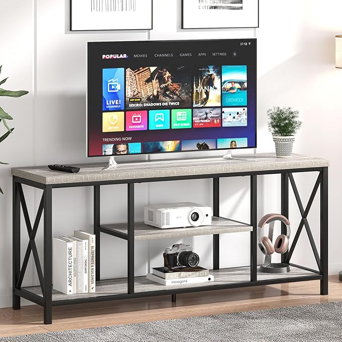 FOLUBAN Modern TV Stand for TV up to 65 Inch, Rustic Wood Entertainment Center with Storage Shelves, Industrial Media TV Console for Living Room, Farmhouse TV Table for Bedroom, 55 Inch Light Grey