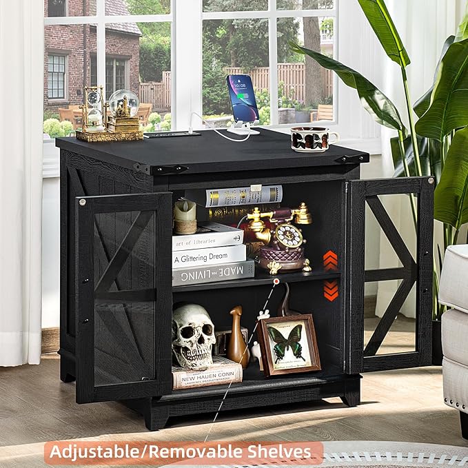 Farmhouse Coffee Table Sets 3 Pieces, Large End Side Tables with Charging Station and Coffee Table with Hidden Storage Compartment, Black Living Room Table Set, Wood Furniture Sets for Home Office