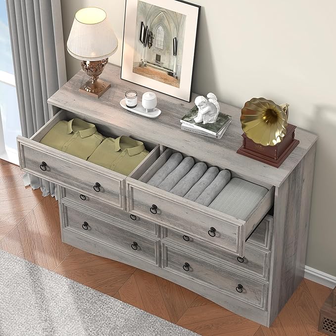 Grey 8 Drawer Dresser for Bedroom, Wood Chest of Drawers, Large Storage for Clothes, Vintage Design, for Living Room, Bedroom, Hallway 47.24W*15.75D* 41.2''H