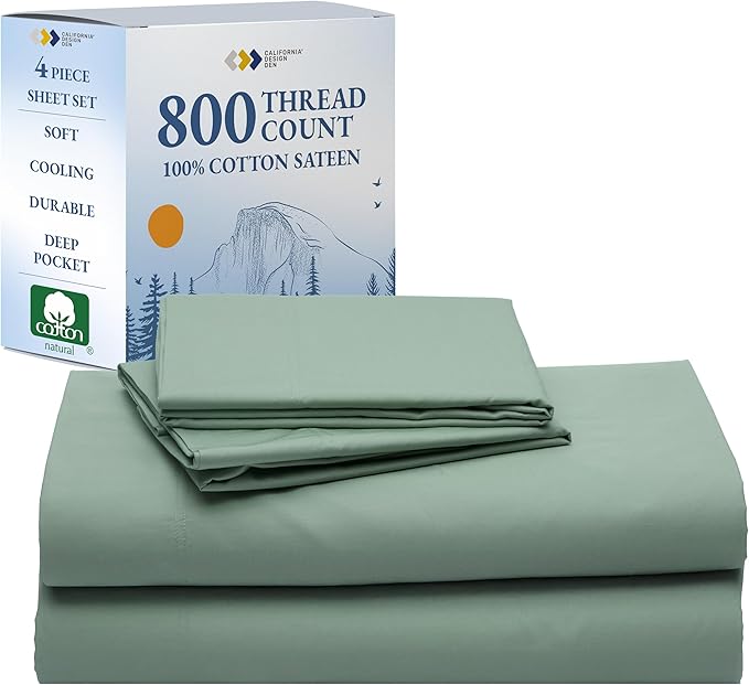 California Design Den Queen Bed Sheets Set - Luxury Hotel 800 Thread Count Sateen, Natural 100% Cotton Queen Size Sheets, Deep Pockets with Anti-Skid Elastic, Cool and Durable Bedding - Sage Green