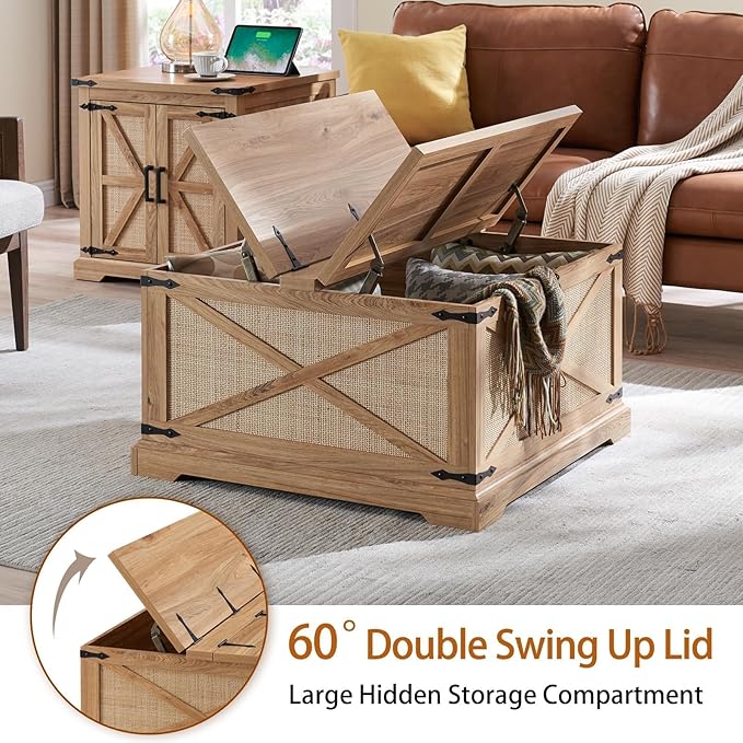 Farmhouse Square Coffee Table with Storage, Wood Center Table with Hinged Lift Top, Rustic Cocktail Table with Large Hidden Storage Compartment for Living Room, Bedroom,Natural,Rattan
