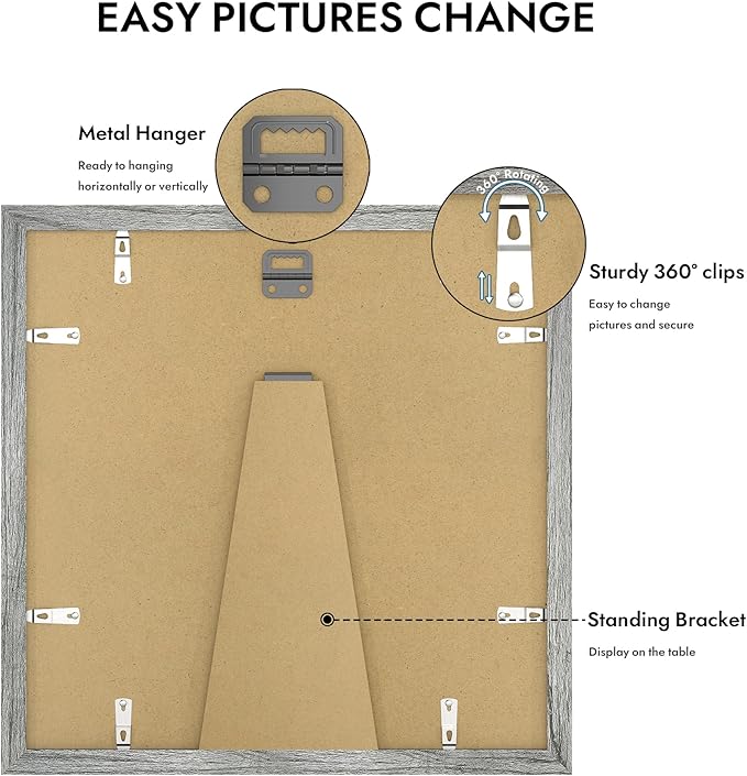 12x12 Picture Frame with Real Glass - 8x8 Wooden Frame with Mat, Horizontal and Vertical Display for Wall or Tabletop (Grey, 1 Pack)