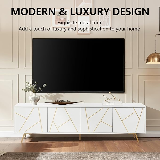 EDYO LIVING Mid Century Modern TV Stand for 75" TV, Wood Entertainment Center with Storage Cabinet, Media TV Console for Living Room and Bedroom, White