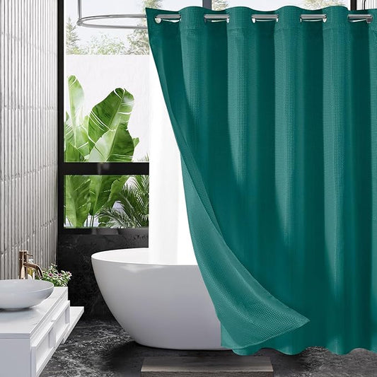 MitoVilla No Hooks Needed Extra Long Shower Curtain Set with Snap-in Liner, Green 86 inch XL Heavyweight Waffle Cloth Shower Curtains for Modern Luxury Hotel & Spa Bathroom Decor, Seaweed Green