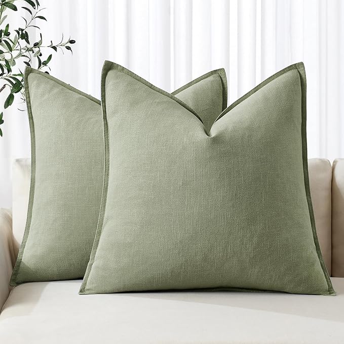 MIULEE Decorative Linen Pillow Covers 20x20 Inch Sage Green Boho Farmhouse Neutral Couch Throw Pillows for Bed Pack of 2 Accent Modern Pillowcase Summer Sofa Livingroom Home Decor