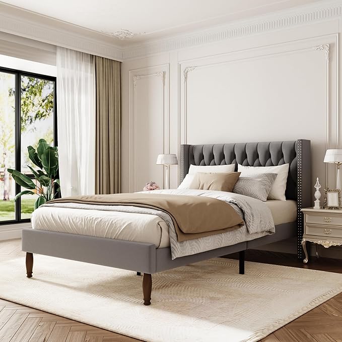 Full Size Velvet Upholstered Bed Frame, 49.2" Tall Wingback Headboard, Deep Button Tufted, No Box Spring Needed, Solid Wood Legs, Grey