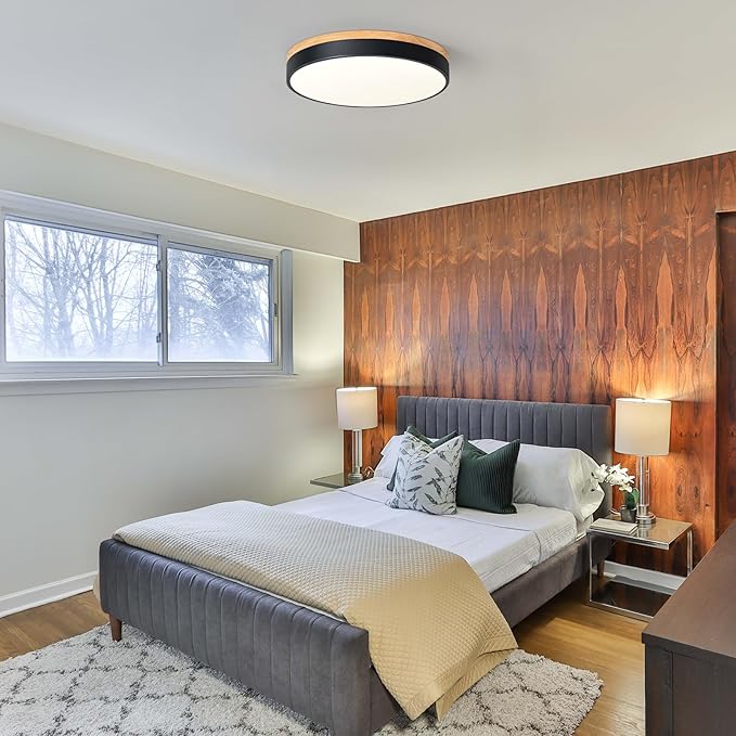 Dimmable Wood LED Flush Mount Ceiling Light, 5CCT 2700K-6000K Modern Black Close to Ceiling Lighting Fixtures, Minimalist Round Ceiling Lamp for Living Room, Bedroom, Laundry Room