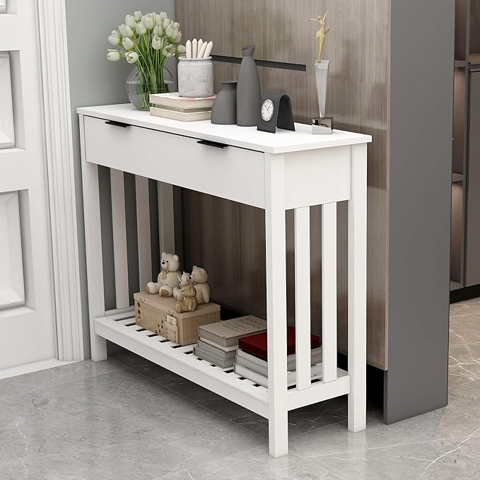 TaoHFE White Narrow Console Table with Storage Modern Wood Entryway Table with Drawer Hallway Table Sofa Tables for Living Room, Entrance Tables for Front Door Corridor, Office, White