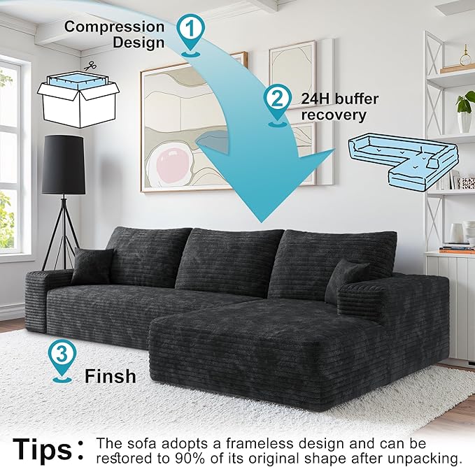 Sectional Couches for Living Room 112" L-Shape Cloud Couch Modern Modular Sectional Sofa Bad, Boneless Couch with Right Deep Seat, No Assembly Required (Plush Corduroy Fabric, Black)