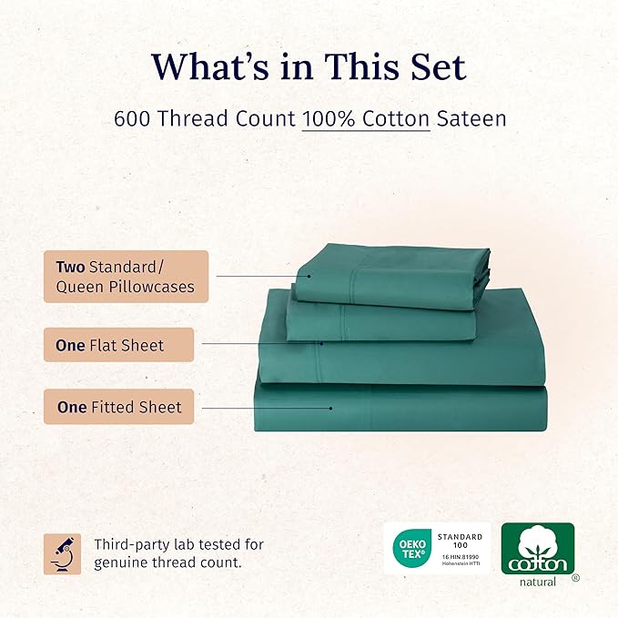 California Design Den Deep Pocket Queen Sheet Set - Luxury 600 Thread Count 100% Cotton Sheets Sateen, Cooling Queen Size Sheets Deep Pocket Set, Hotel-Quality Sheet Set Queen Size Cotton - Teal