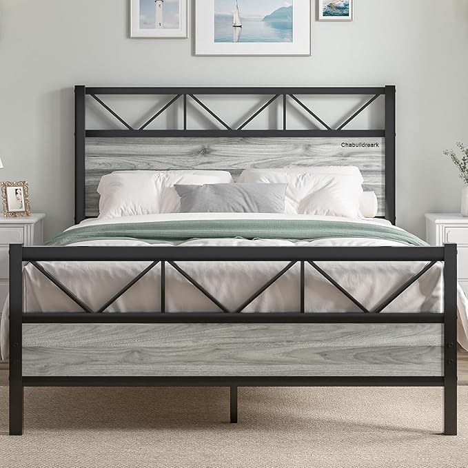 Queen Bed Frame with Headboard, Industrial 51.2" Tall Headboard, Queen Platform Bed Frame with Heavy Duty Metal Slats Support, No Box Spring Needed, Noise-Free, Easy Assembly, Wash Grey