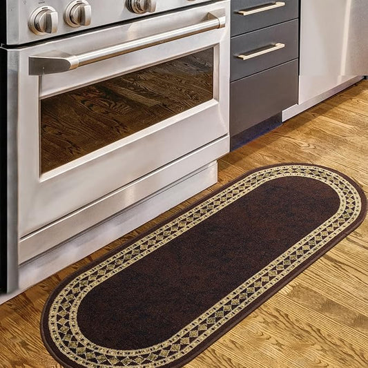 Antep Rugs Alfombras Modern Bordered 2x5 Non-Skid (Non-Slip) Low Profile Pile Rubber Backing Kitchen Area Rugs (Brown Beige, 2' x 5' Oval)