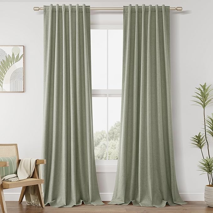 Sage Green Linen Blackout Curtains 42 Inch Wide by 90 Inch for Living Room Bedroom Back Tab Thermal Insulated 100% Black Out Linen Drapes Room Darkening Window Curtains White