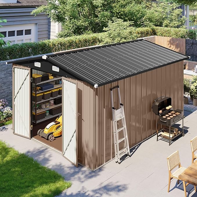 10x12 FT Outdoor Storage Shed with Floor & Lockable Double Doors, Heavy-Duty Galvanized Steel Outdoor Metal Shed for Bike, Tool, Generator Storage in Backyard, Patio (10’x12’, Floor)