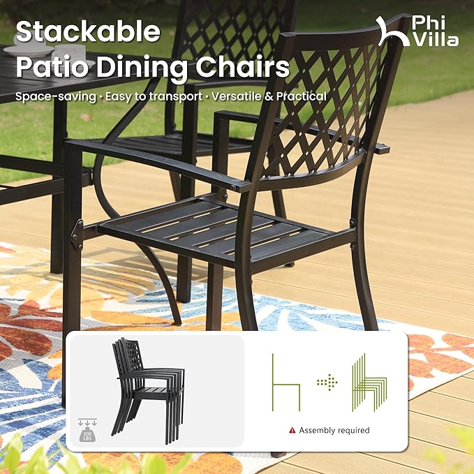 PHI VILLA 9 Pieces Outdoor Dining Set for 8, Rectangular Metal Table with Umbrella Hole & Stackable Wrought Iron Chairs, Large Dining Furniture for Patio, Deck, Yard, Porch