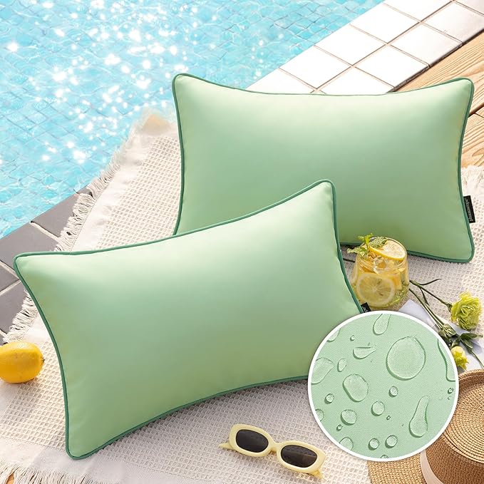 Phantoscope Pack of 2 Outdoor Waterproof Throw Pillow Covers with Contrast Piping, Decorative Square Cushion Case Patio Pillows for Couch Tent Sunbrella, Sage Green 12x20 inches