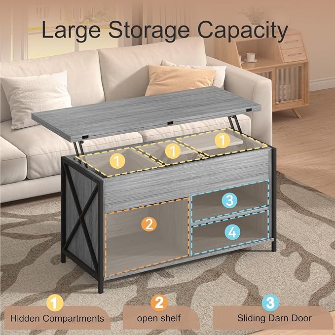 Lift Top Coffee Table with Storage and Sliding Door, 4 in 1 Multi-Function Convertible Tea Table with Hidden Compartment, Farmhouse Center Table with Wood Lift Tabletop for Living Room, Grey