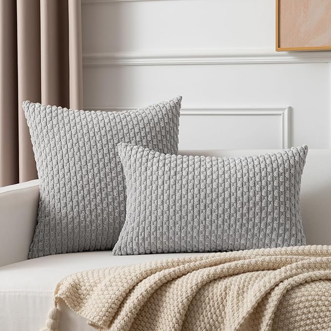 Kevin Textile Set of 2 Super Soft Striped Corduroy Velvet Decorative Euro Throw Pillow Sham Cushion Cover for Bed 20x20 Inch(50cm) Light Grey