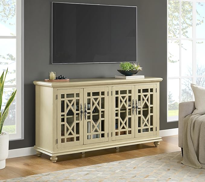 Martin Svensson Home Orsey 63" Solid Wood TV Stand - Antique Cream White Finish - Rustic Style and Parisian Design Inspired - with Two Spacious Cabinets with Adjustable Shelves for Storage.