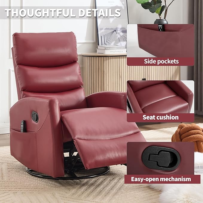 PELUMY Massage Recliner Chair with Heat - Manual Rocker Swivel Recliner, 360° Rotation & 155° Recline for Living Room（Breathable Leather, Red）