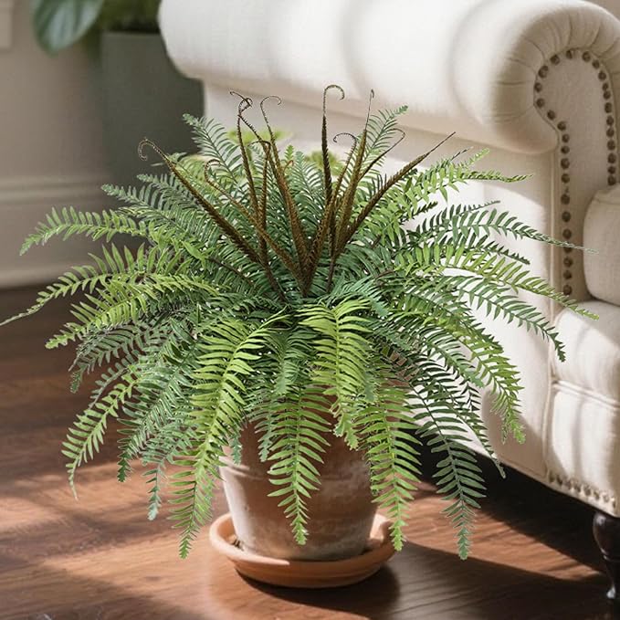 Polyester Artificial Boston Fern Bush,Set of 4,Fake Fern Hanging Plants UV Resistant That Look Real for Outdoors and Home Decor. (36" 4Pcs-Bottle Green)