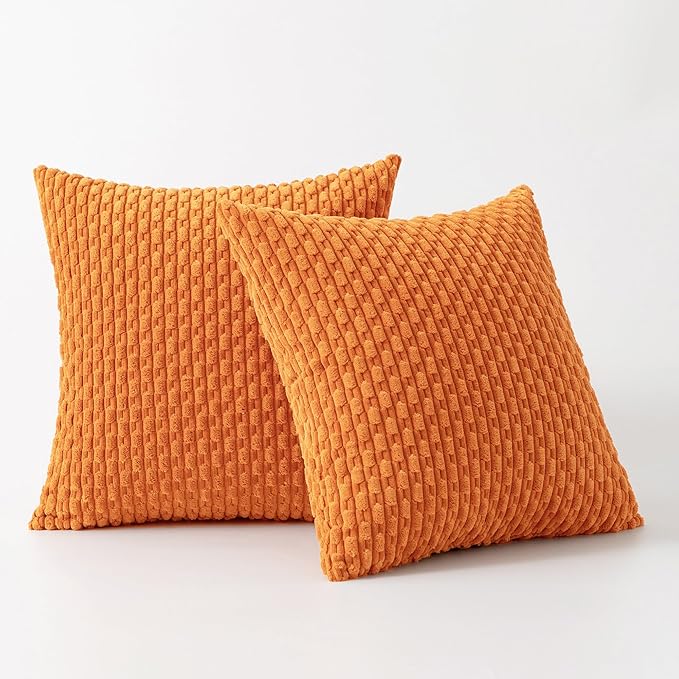 Kevin Textile Fall Pack of 2 Corduroy Decorative Throw Pillow Covers 16x16 Inch Soft Boho Striped Pillow Covers Modern Farmhouse Home Decor for Spring Sofa Living Room Couch Bed Orange