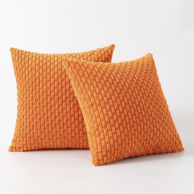 Kevin Textile Fall Pack of 2 Corduroy Decorative Throw Pillow Covers 18x18 Inch Soft Boho Striped Pillow Covers Modern Farmhouse Home Decor for Spring Sofa Living Room Couch Bed Orange
