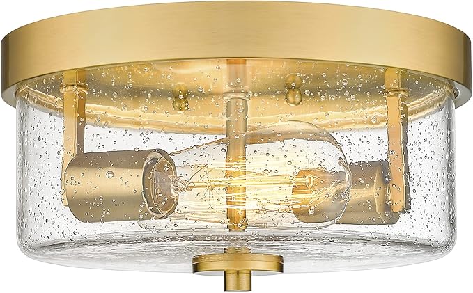 Emak Brushed Gold 2 Light Flush Mount Ceiling Light Fixture, 11 Inch Close to Ceiling Light Fixtures with Seeded Glass Shades for Hallway, Kitchen, Bathroom, Dining Room, FM082-GD