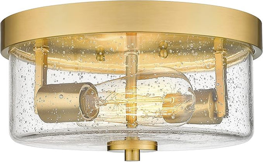 Emak Brushed Gold 2 Light Flush Mount Ceiling Light Fixture, 11 Inch Close to Ceiling Light Fixtures with Seeded Glass Shades for Hallway, Kitchen, Bathroom, Dining Room, FM082-GD