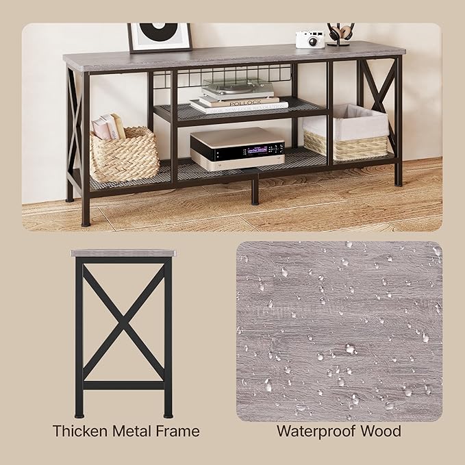 Gizoon TV Stand for 55-65 Inch TVs, 3-Tier Industrial Media Entertainment Center with Open Shelves, Metal Frame, 59.8'' Solid Wood Table top for Living Room, Bedroom, Office, Grey