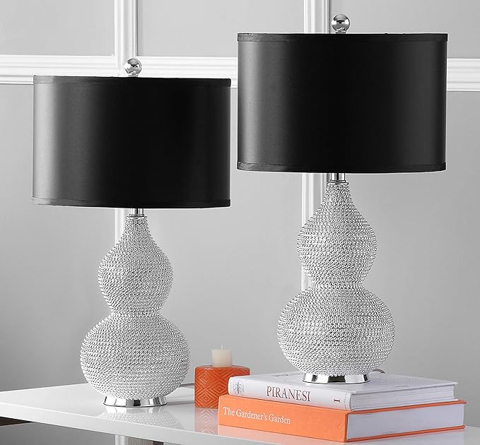 SAFAVIEH Lighting Collection Nicole Modern Silver Bead Base/ Black Shade 25-inch Bedroom Living Room Home Office Desk Nightstand Table Lamp Set of 2 (LED Bulbs Included)