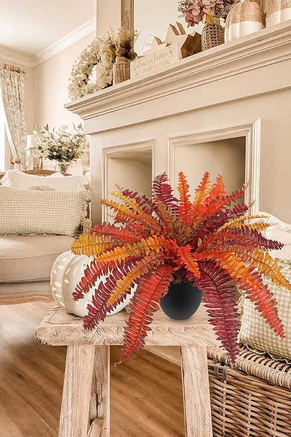 Hollyone Fake Boston Fern in Pot Fall Faux Fern Medium Potted Plant Medium Autumn Decor Plants Outdoor Indoor Autumn Boston Ferns Artificial Plants for Patio Garden Farmhouse Fall Decorations for Home