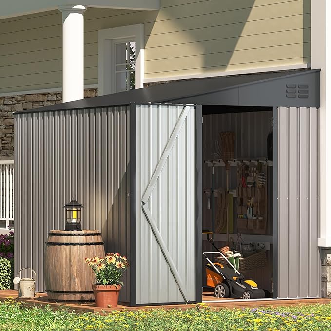 AECOJOY 6' x 8' Lean to Storage Shed Outdoor Storage, Storage Cabinet Shed Metal Wall Side Storage Sheds & Outdoor Storage, Garden Storage Cabinet for Backayrd, Patio, Outdoor Use in Grey