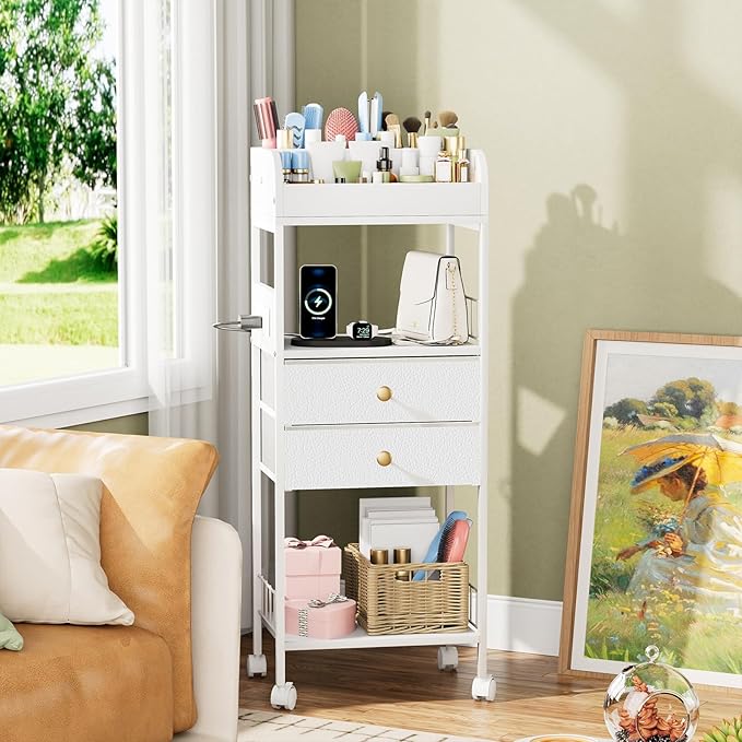 Makeup Organizer with LED Light&Charging Station, Make Up Skincare Organizers and Storage with Drawers, Vanity Cosmetics Display Cases Holder for Skin Care Nail Perfume Hair, White