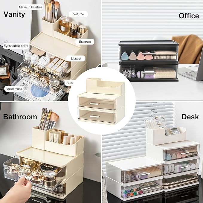 DASITON Makeup Organizer for Vanity with 2 Drawers, Stackable Cosmetic Organizer with Makeup Brush Holder, Plastic Bathroom Organizer Skincare Storage for Brushes, Eyeshadow, Lotions, Lipstick (Cream)